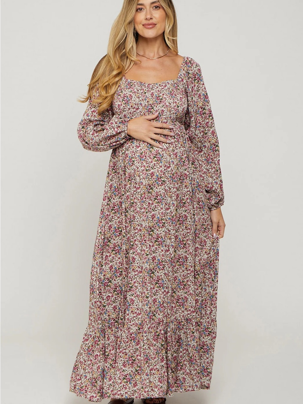 Floral long sleeve Square-Neck Maternity Maxi Dress - Pink Floral